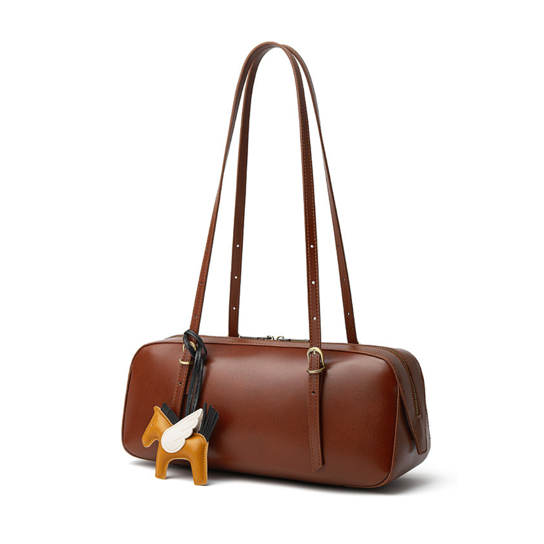 Retro Leather Bowling Bag Vintage Underarm Shoulder Tote with Charm