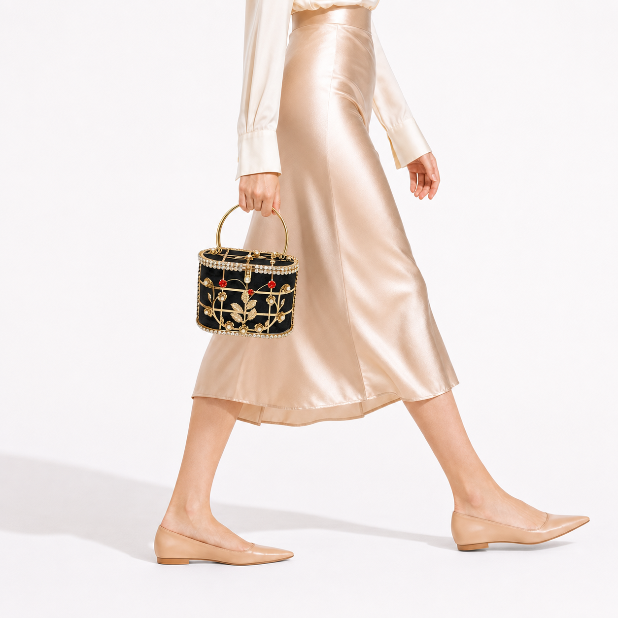 Metal Cage Bucket Bag Rhinestone Flower Evening Bridal Wedding Purse