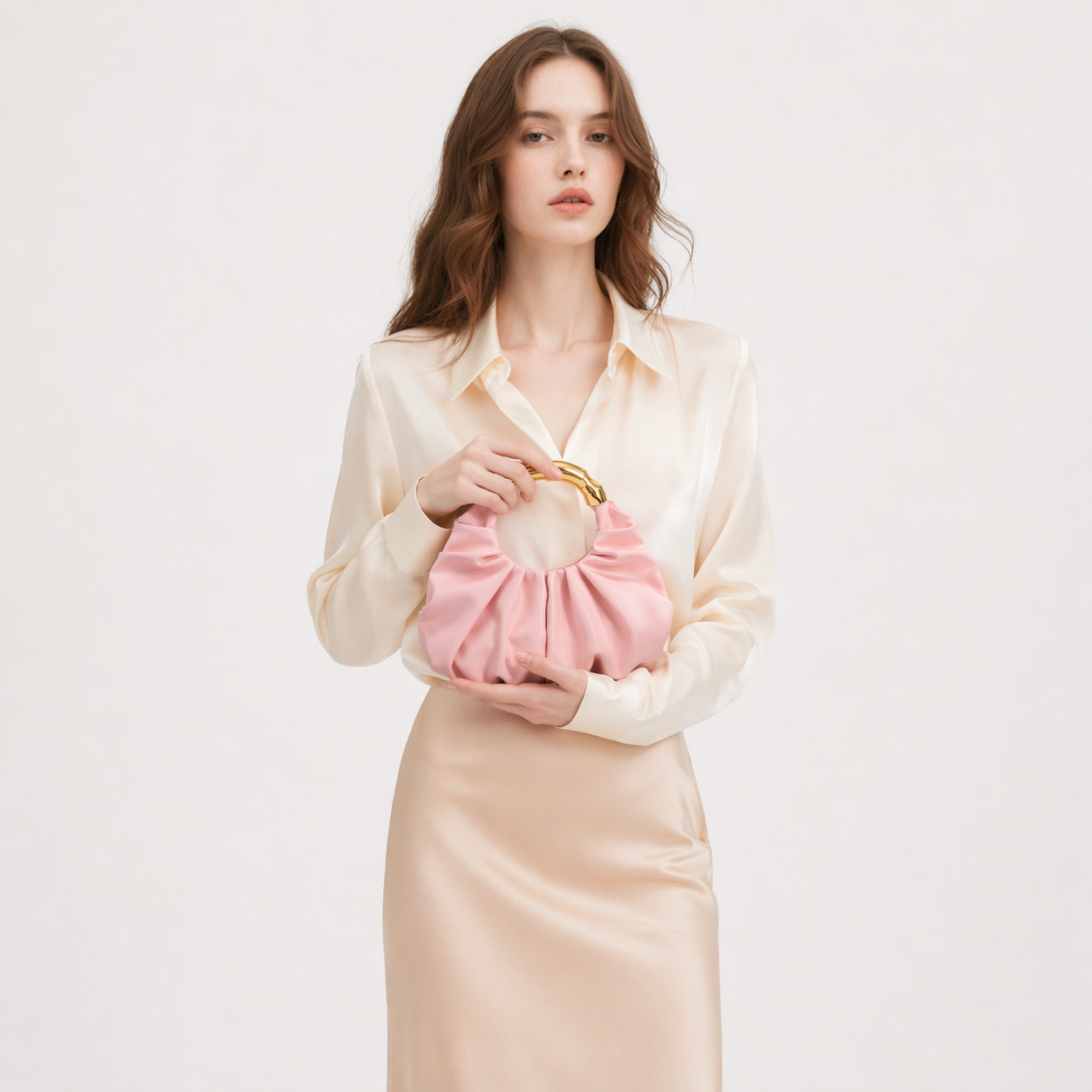 Asymmetric Hardware Ruched Cloud Clutch Minimalist Pleated PU Tote Bag
