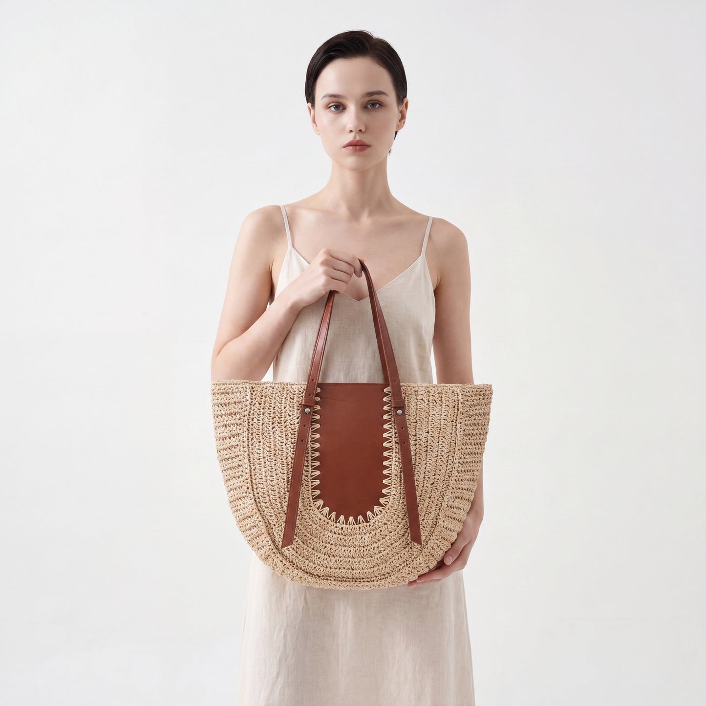 French Straw Woven Bag Large Summer Beach Half Moon Shoulder Handbag