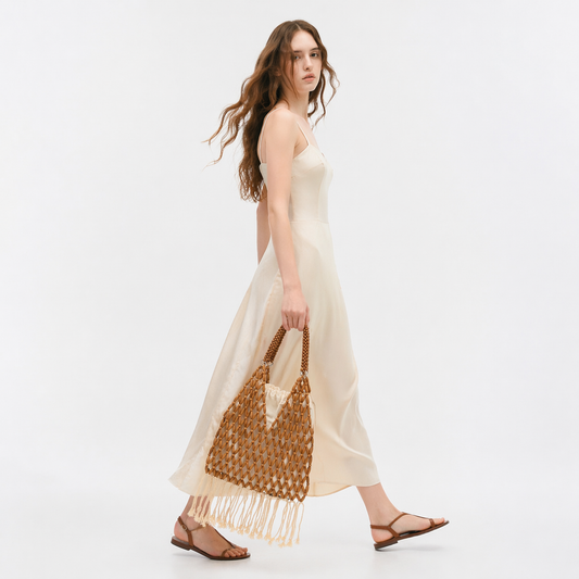 Handmade Wooden Bead Tassel Tote Fringe Beach Vacation Drawstring Bag