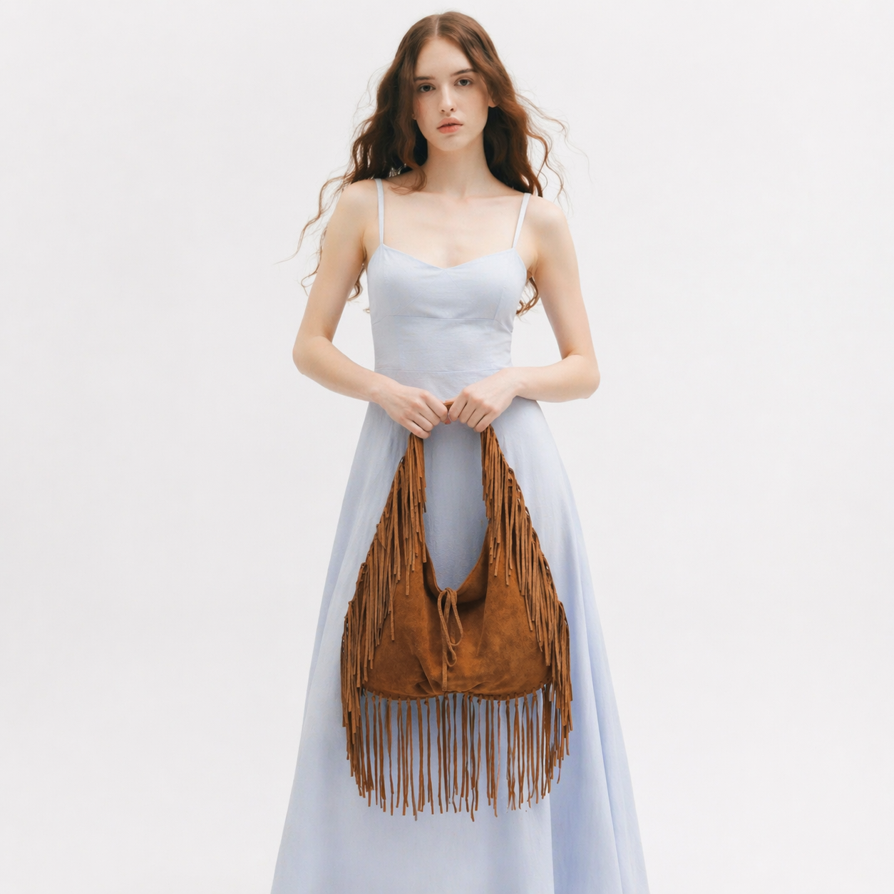 Fringe Faux Suede Crescent Tote Large Capacity Half Moon Slouchy Bag