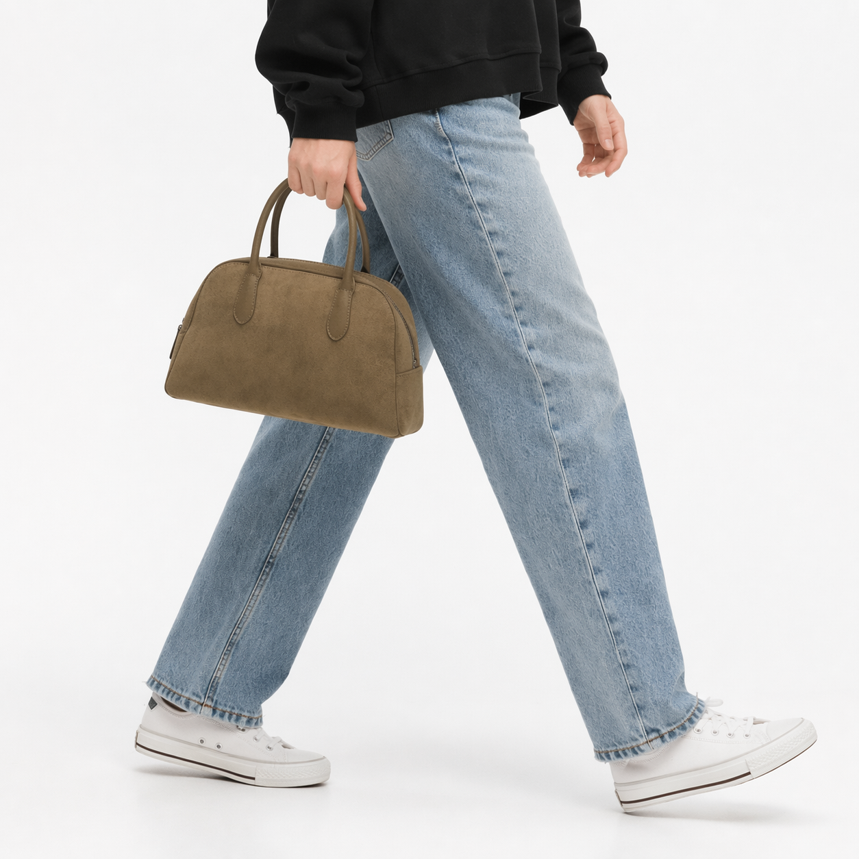 Minimalist Faux Suede Bowling Bag Vintage Boston Handheld Shoulder Bag