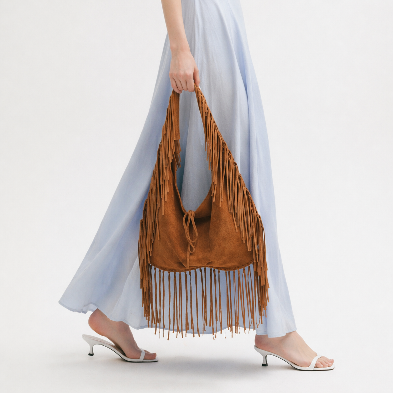 Fringe Faux Suede Crescent Tote Large Capacity Half Moon Slouchy Bag