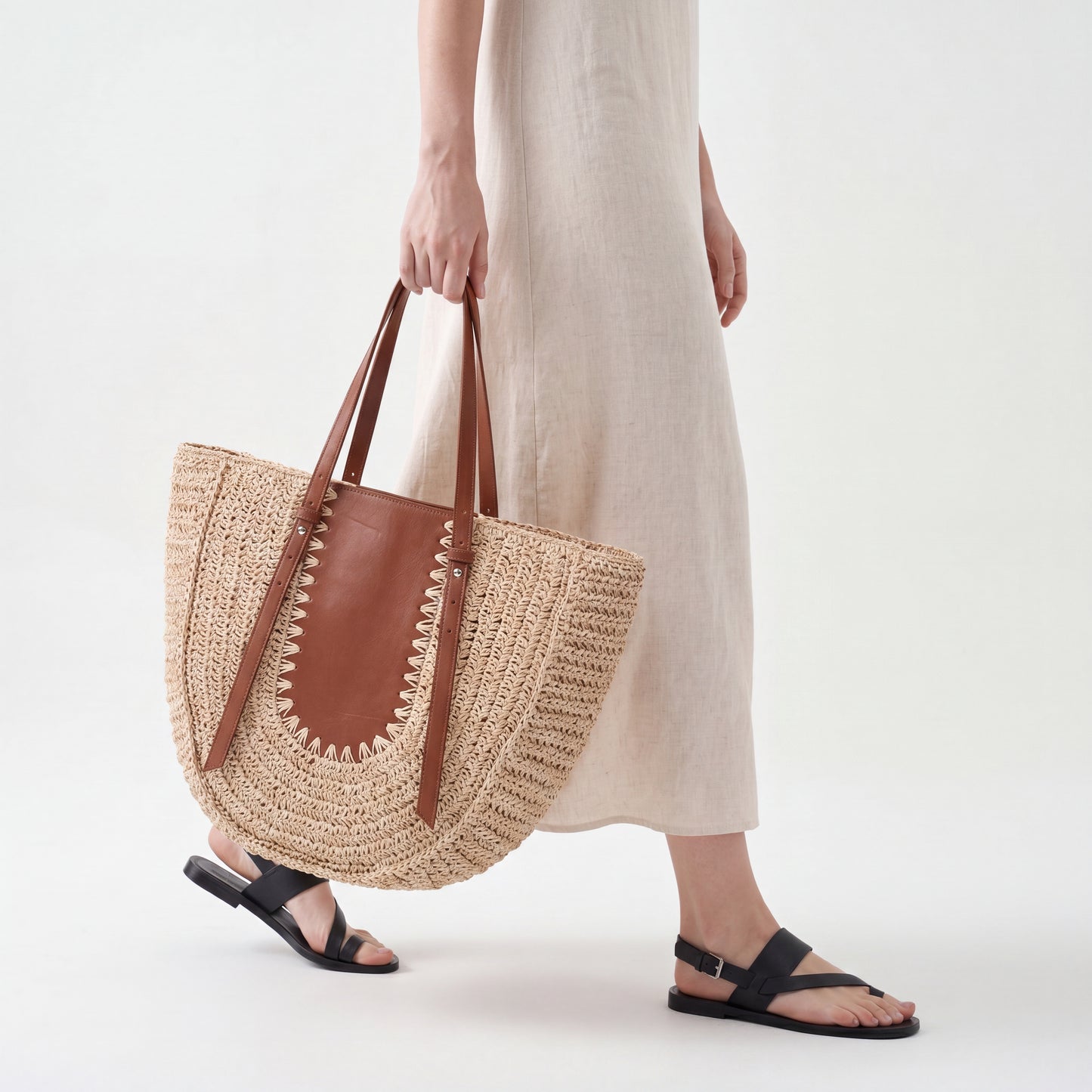 French Straw Woven Bag Large Summer Beach Half Moon Shoulder Handbag