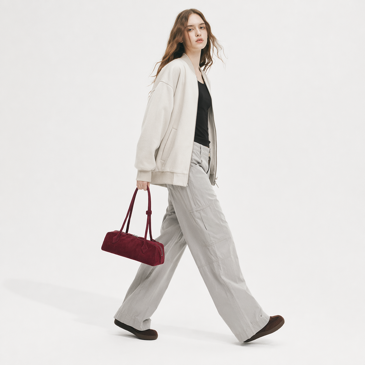Suede Leather East-West Baguette Bag Retro French Shoulder Handbag
