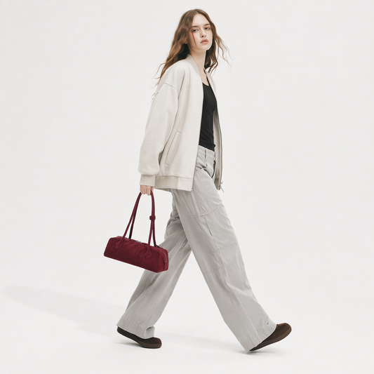 Suede Leather East-West Baguette Bag Retro French Shoulder Handbag