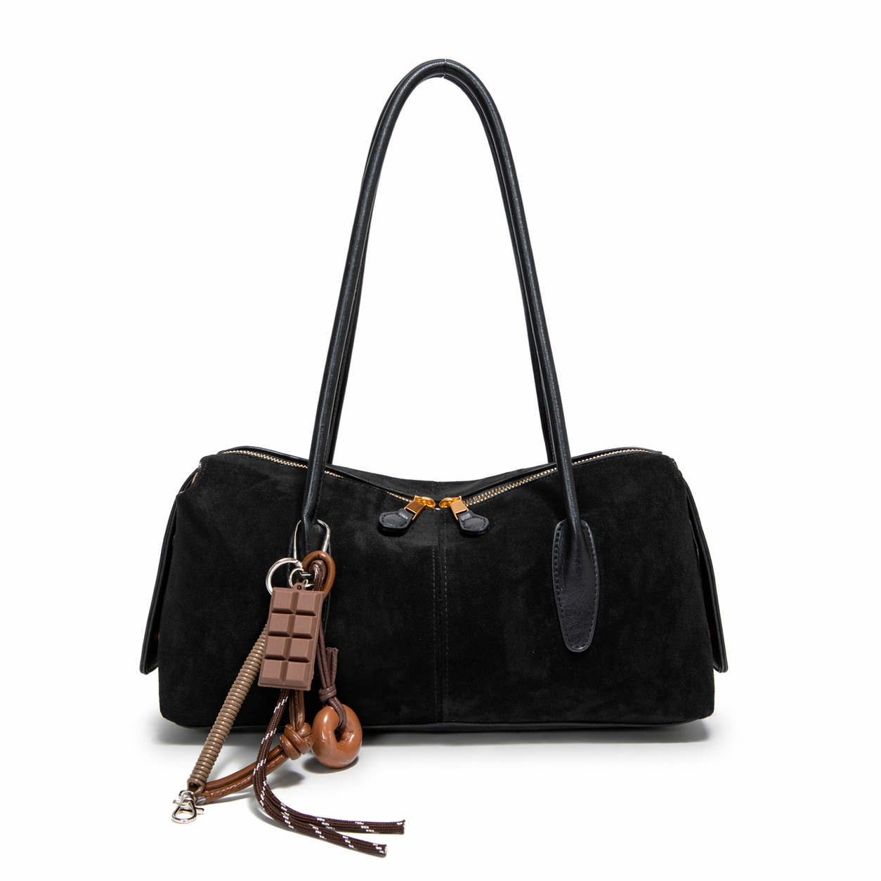 Retro Leopard Suede Boston Bag Vintage Shoulder Purse with Charms