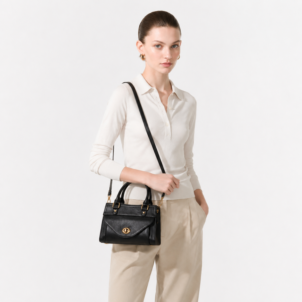 Top-Grain Leather Structured Satchel Top Handle Crossbody Bag