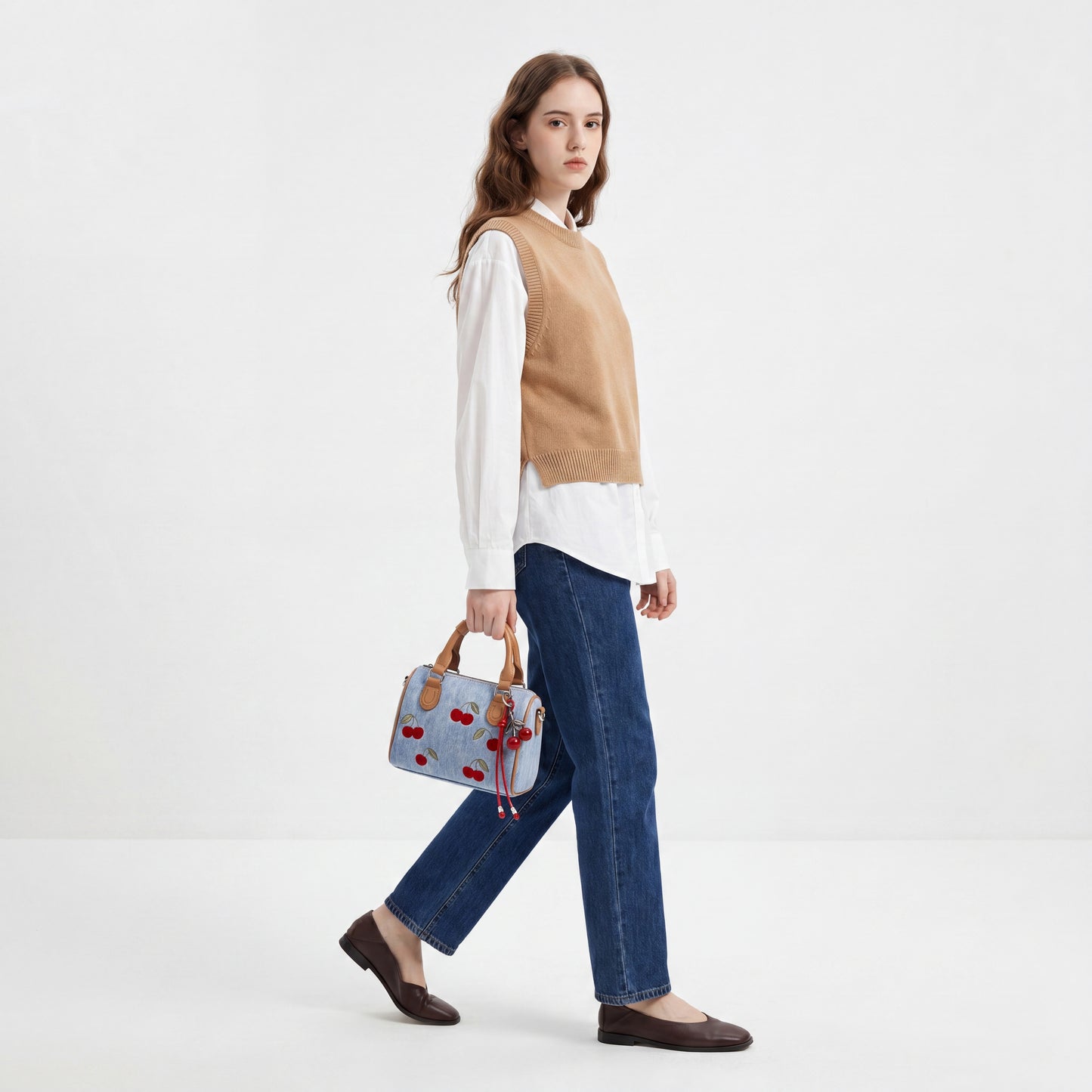 Cherry Embroidered Denim Boston Bag Vintage Pillow Top Handle Tote