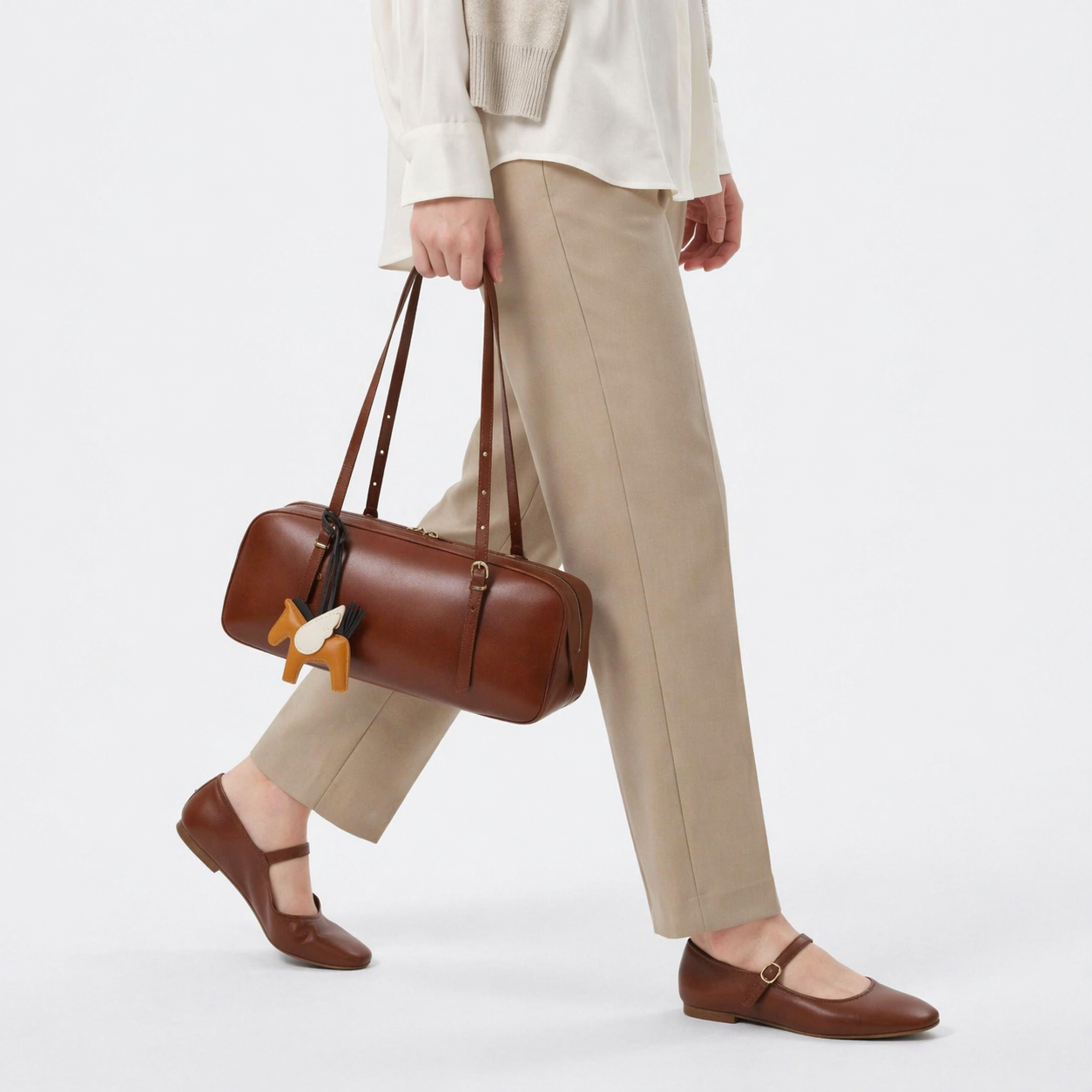Retro Leather Bowling Bag Vintage Underarm Shoulder Tote with Charm