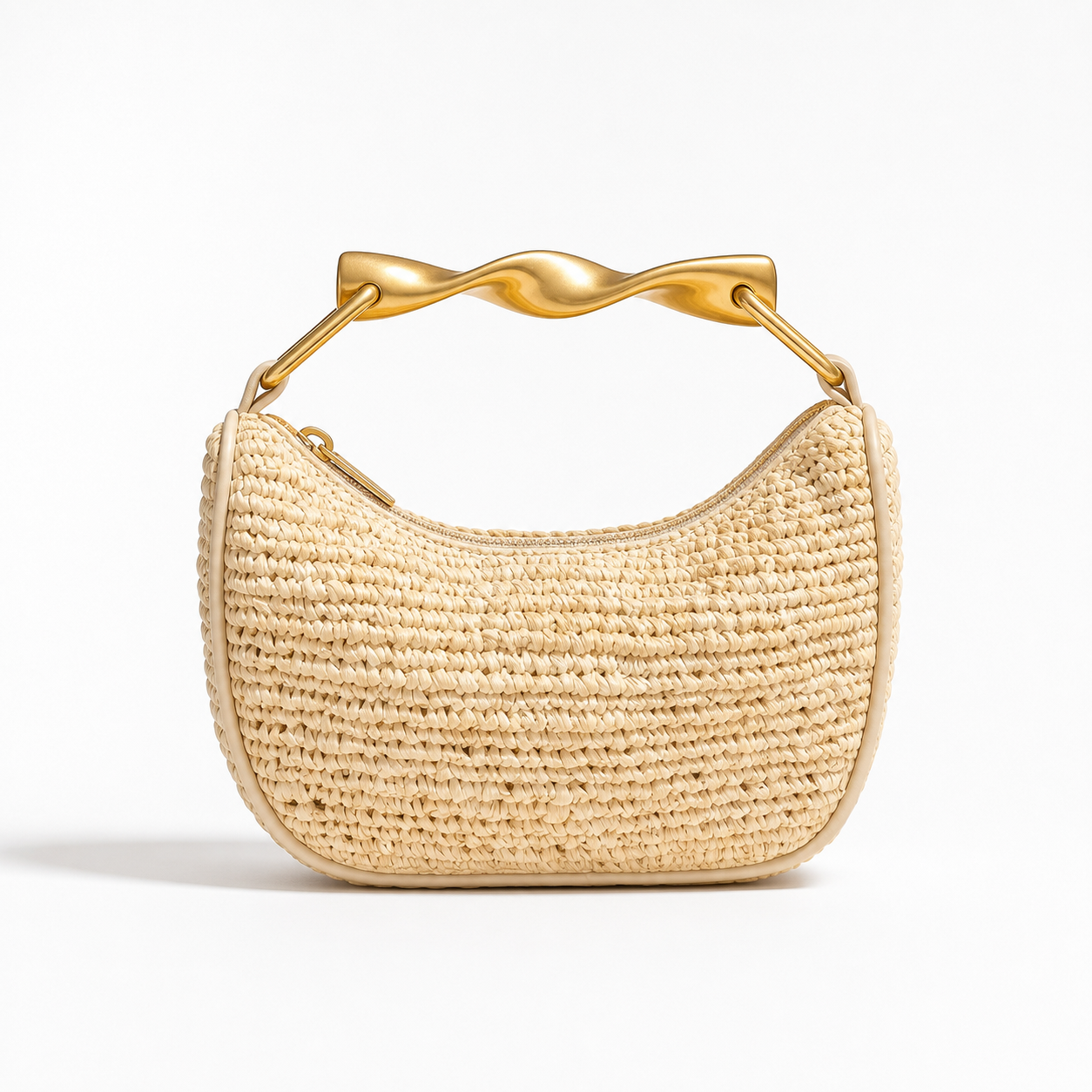 Woven Straw Shoulder Bag Metallic Handle Summer Beach Hobo Clutch