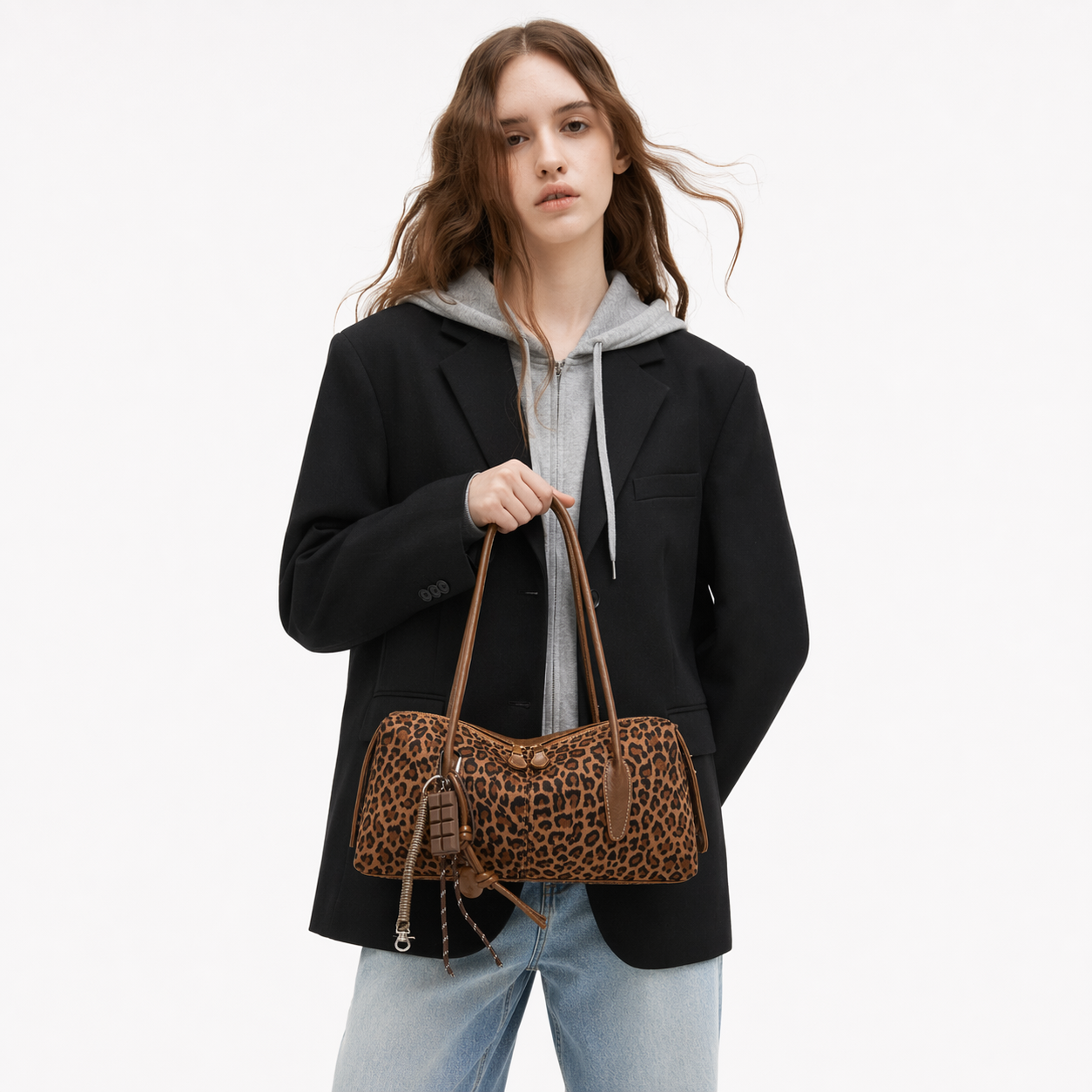 Retro Leopard Suede Boston Bag Vintage Shoulder Purse with Charms