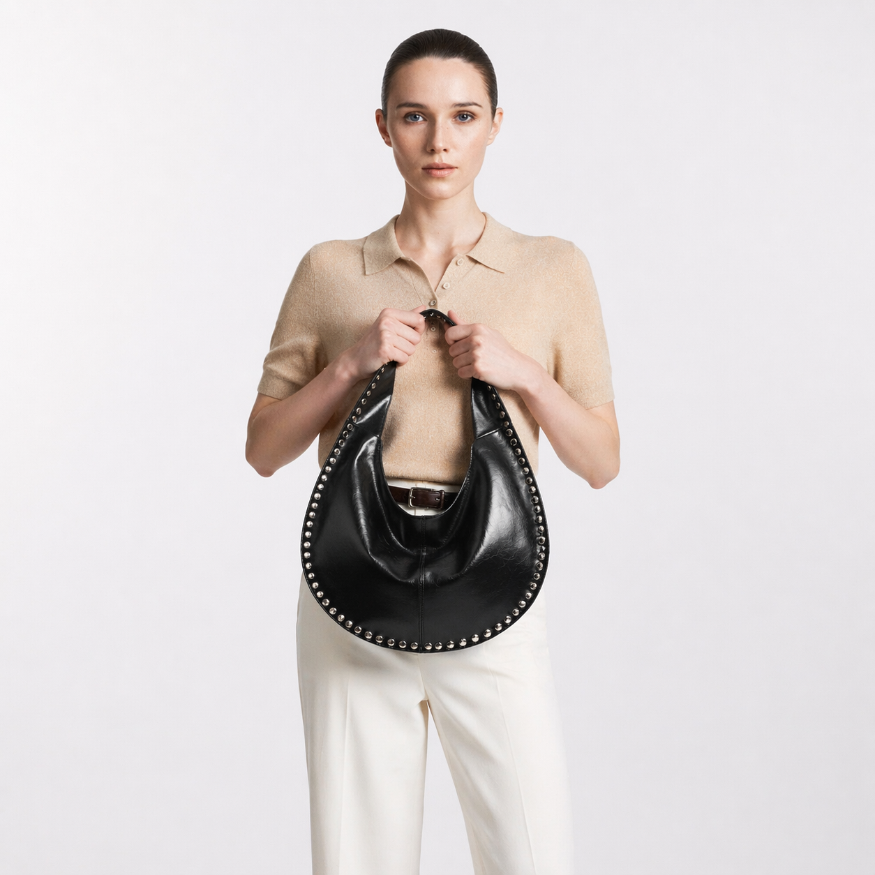 Rivet Studded Crescent Tote Chic Underarm Half Moon Top Handle Bag