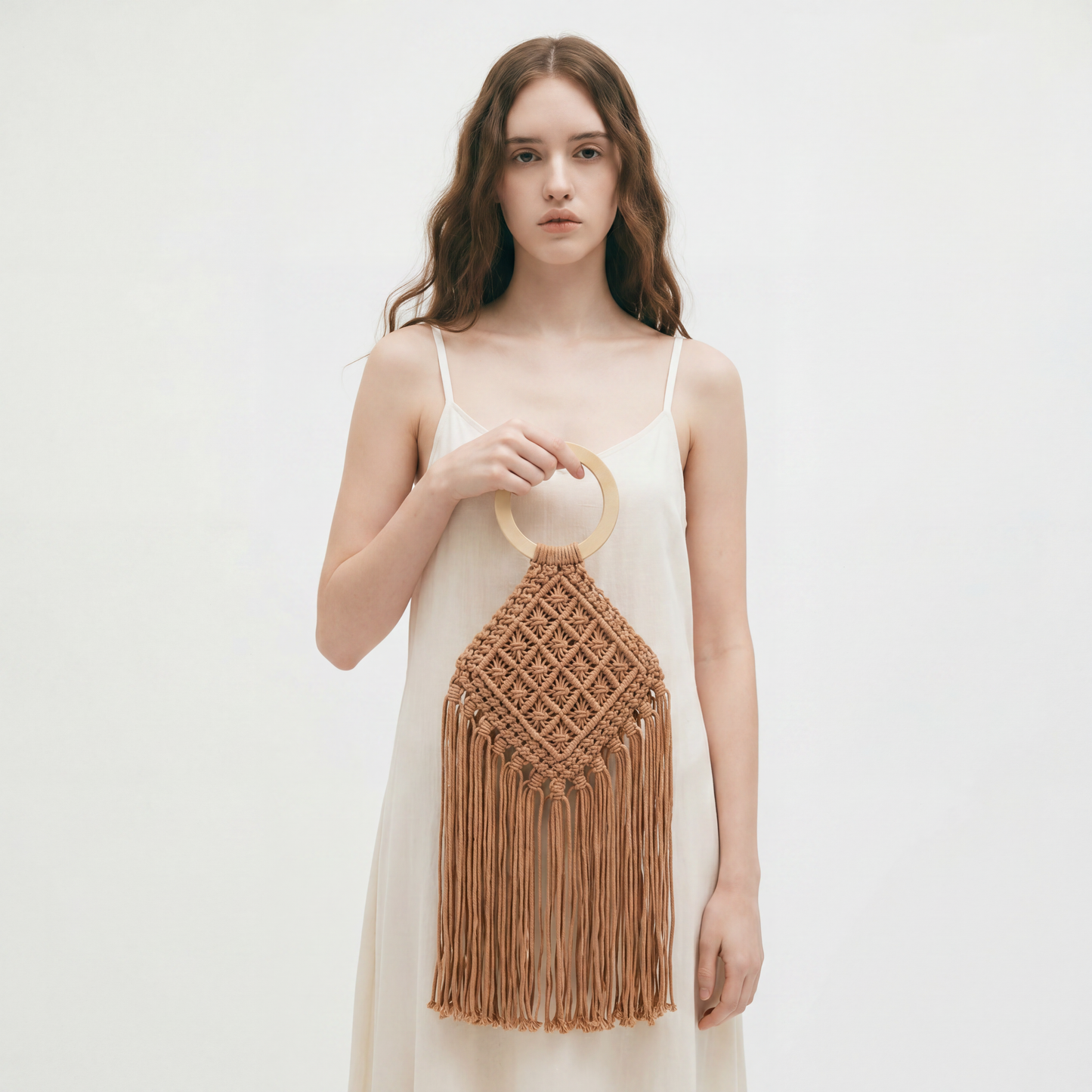 Fringe Straw Woven Bag Wood Handle Summer Beach Crochet Tassel Tote