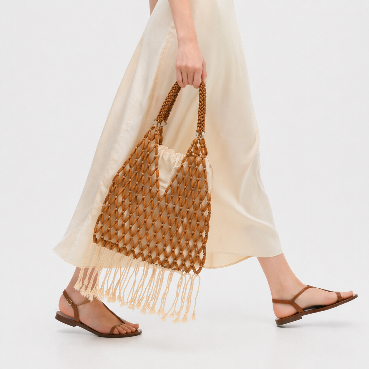 Handmade Wooden Bead Tassel Tote Fringe Beach Vacation Drawstring Bag
