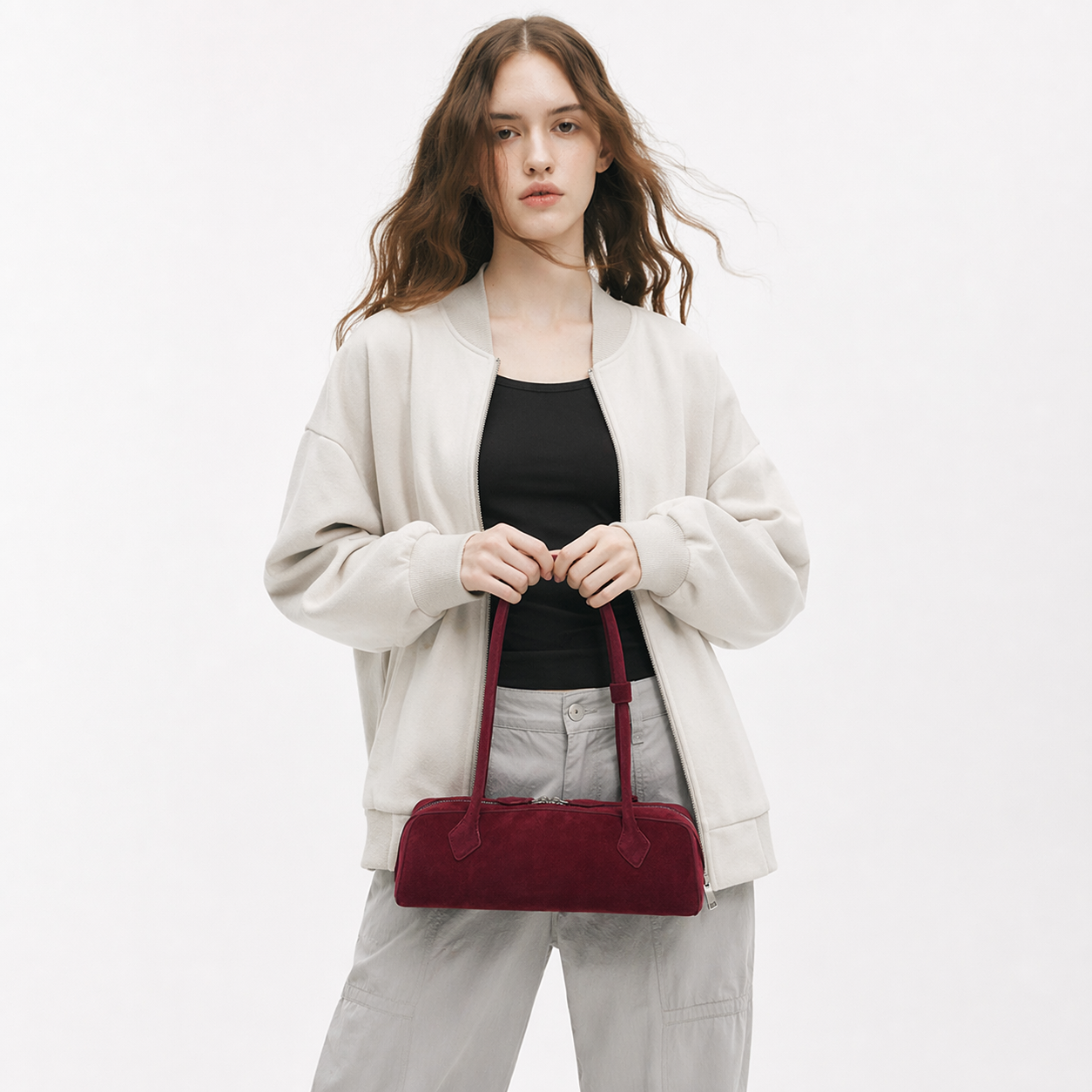 Suede Leather East-West Baguette Bag Retro French Shoulder Handbag