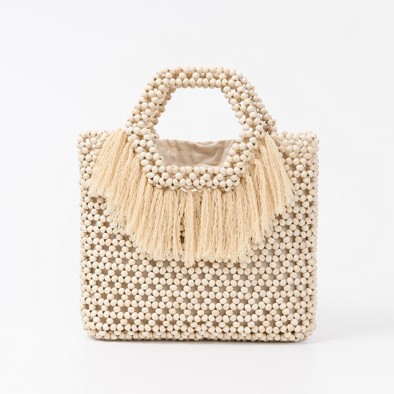 Handmade Wooden Bead Tassel Bag Woven Top Handle Beach Resort Purse