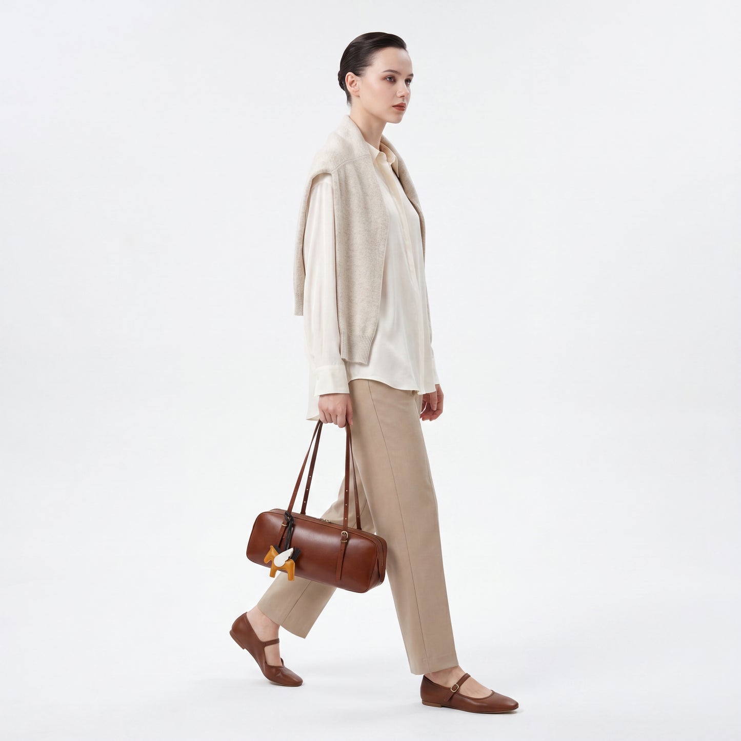 Retro Leather Bowling Bag Vintage Underarm Shoulder Tote with Charm