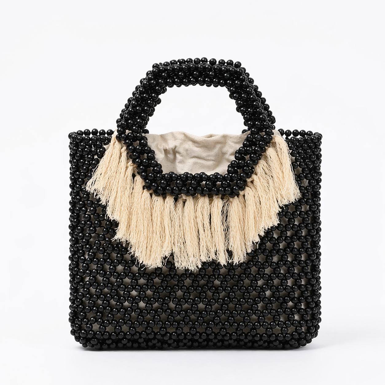 Handmade Wooden Bead Tassel Bag Woven Top Handle Beach Resort Purse