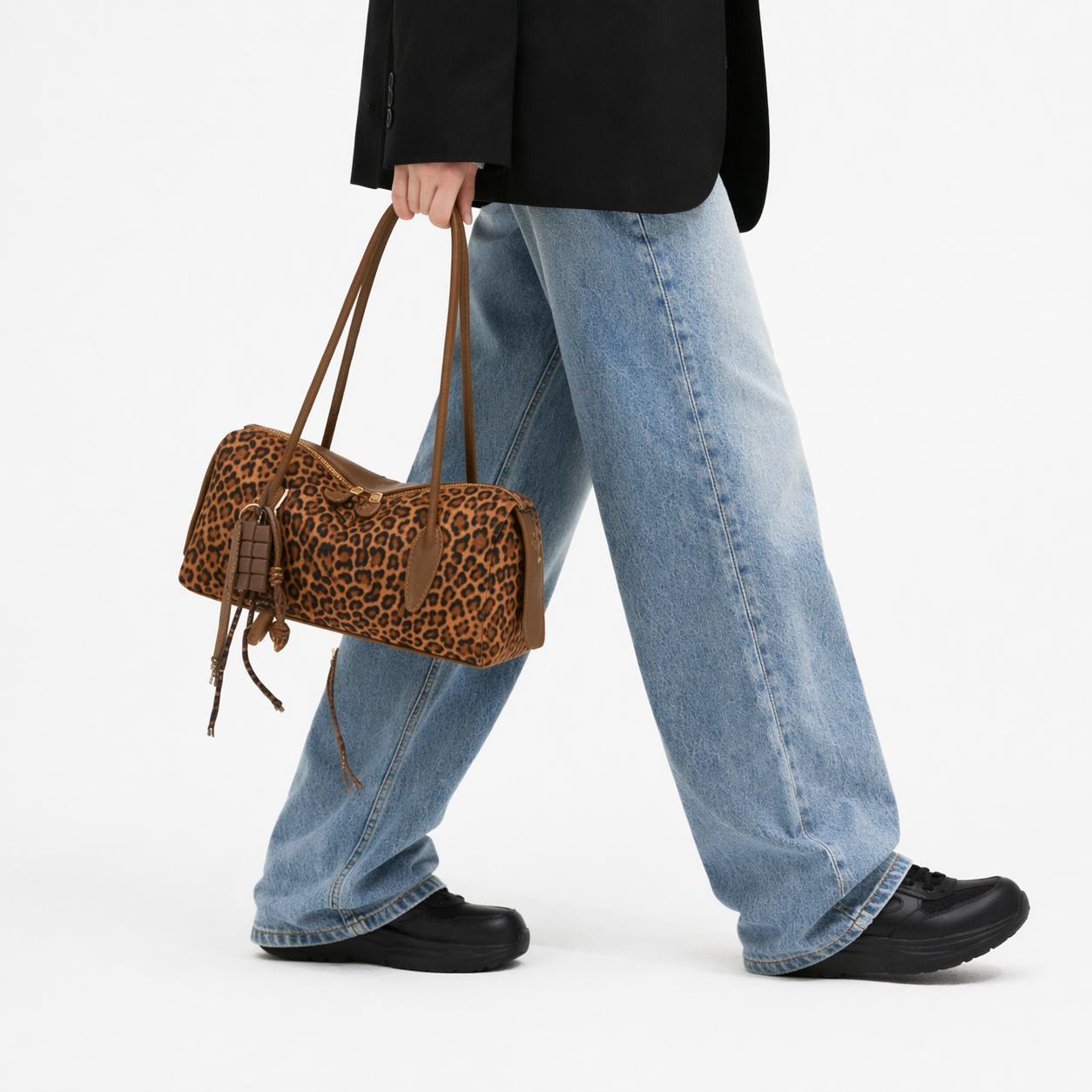 Retro Leopard Suede Boston Bag Vintage Shoulder Purse with Charms