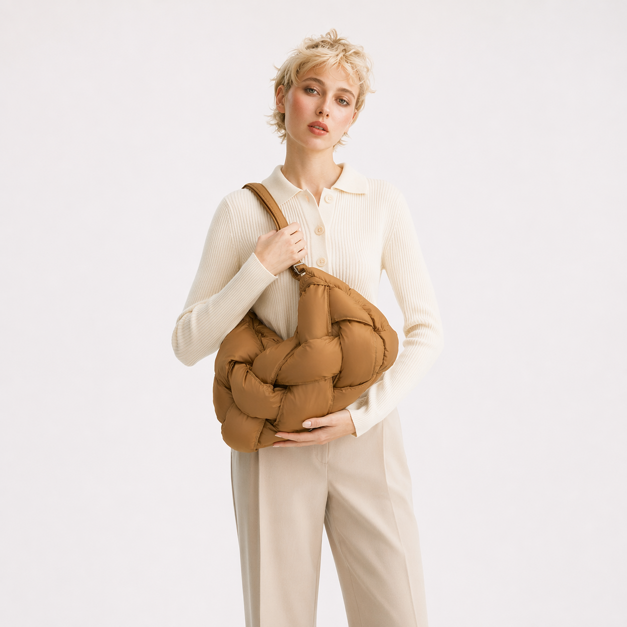 Woven Puffer Tote Bag Large Quilted Nylon Shoulder Crossbody