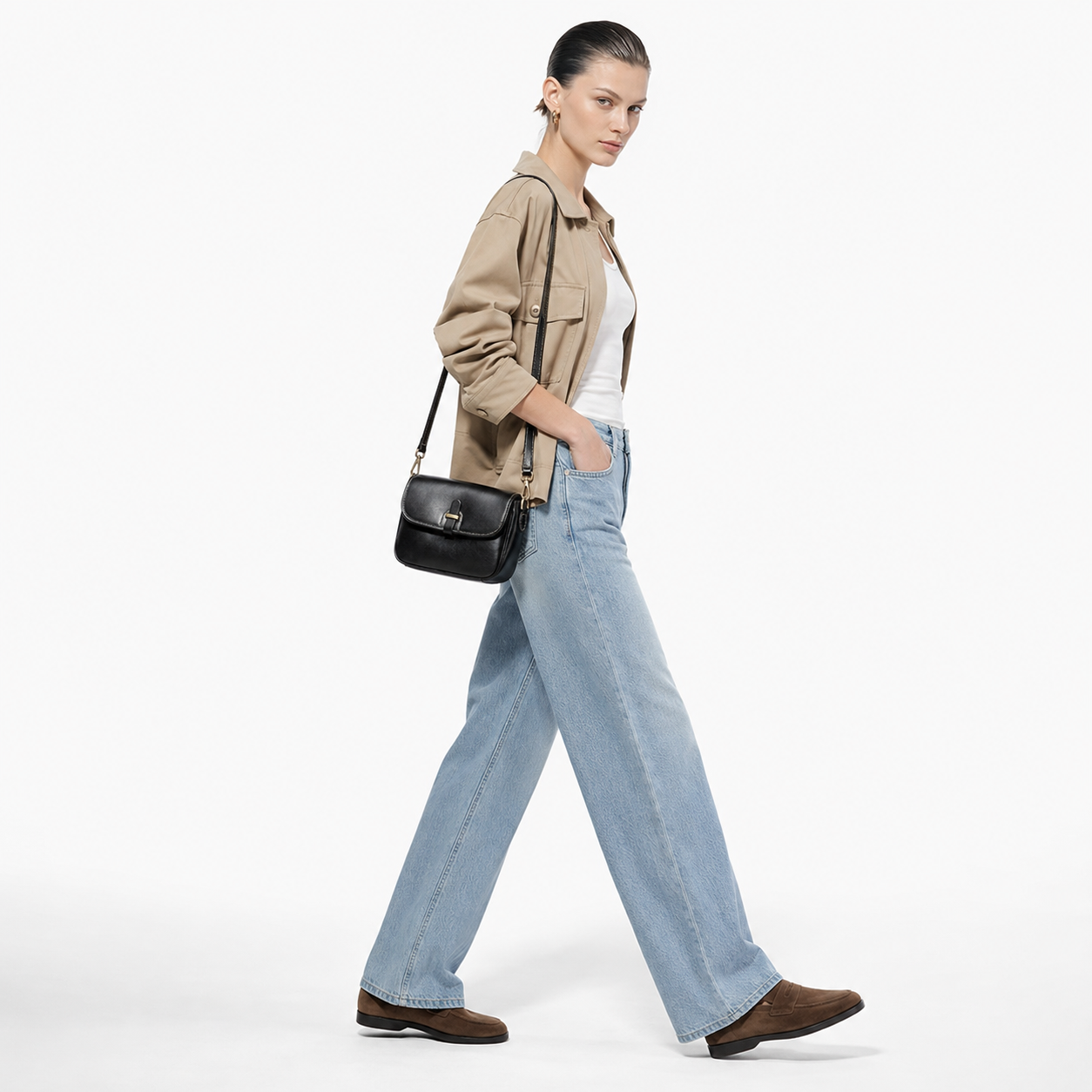 Top-Grain Leather Flap Structured Bag Minimalist Crossbody Satchel