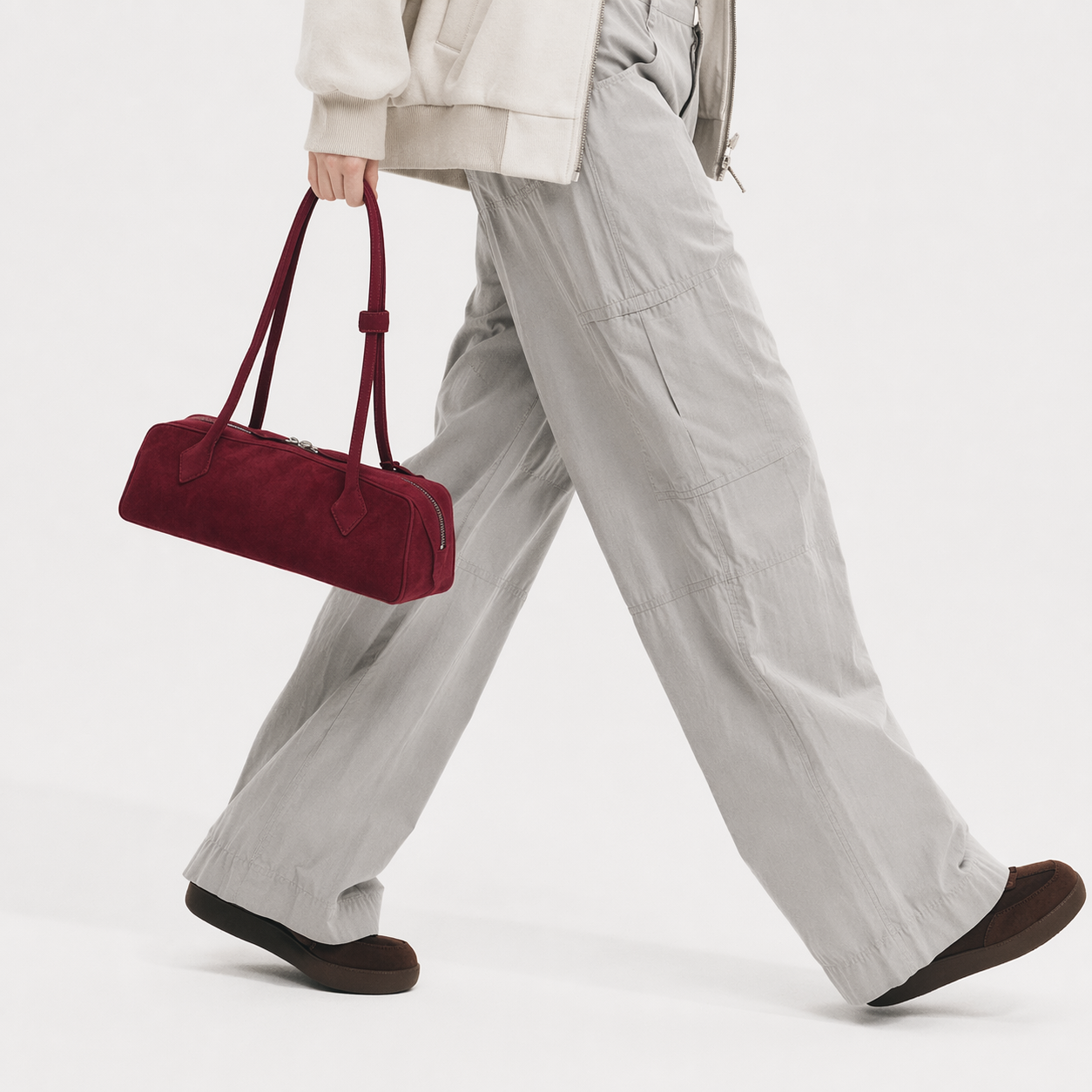 Suede Leather East-West Baguette Bag Retro French Shoulder Handbag