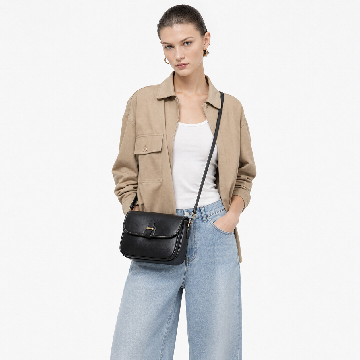 Top-Grain Leather Flap Structured Bag Minimalist Crossbody Satchel