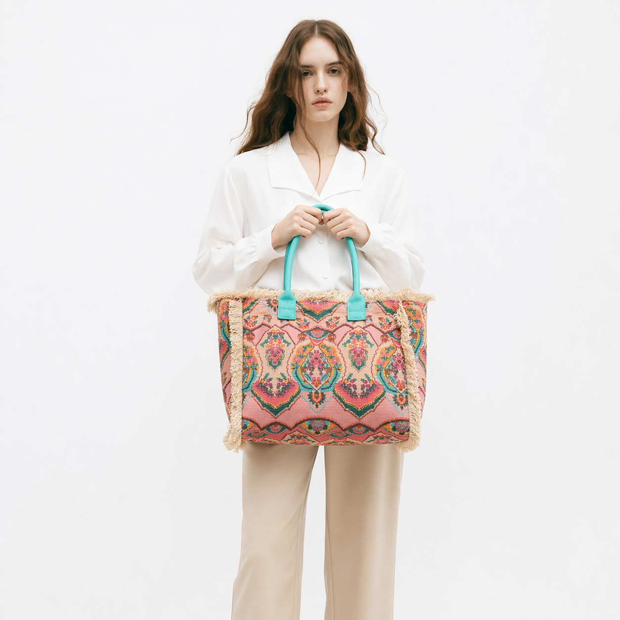 Boho Vintage Tassel Tote Bag Large Canvas Beach Travel Shoulder Bag