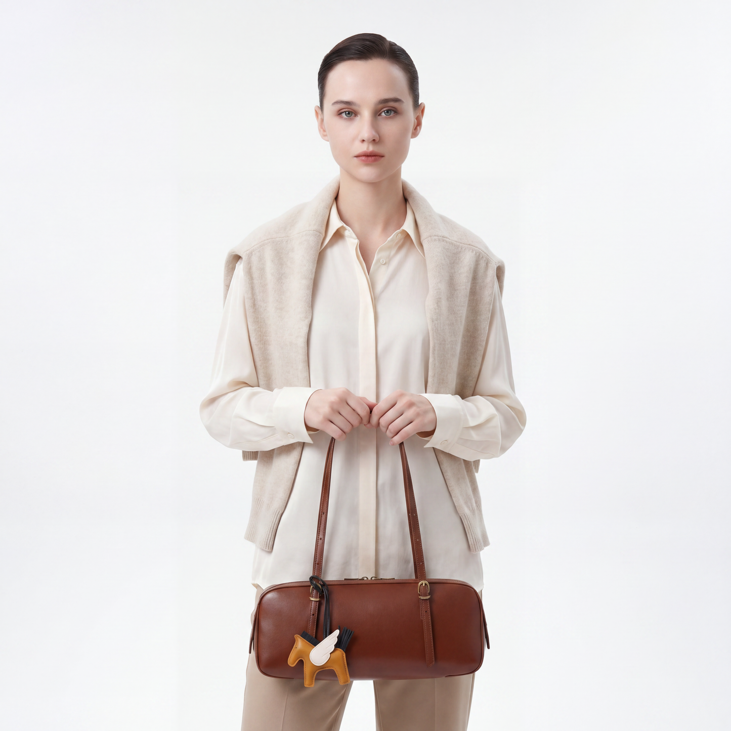 Retro Leather Bowling Bag Vintage Underarm Shoulder Tote with Charm