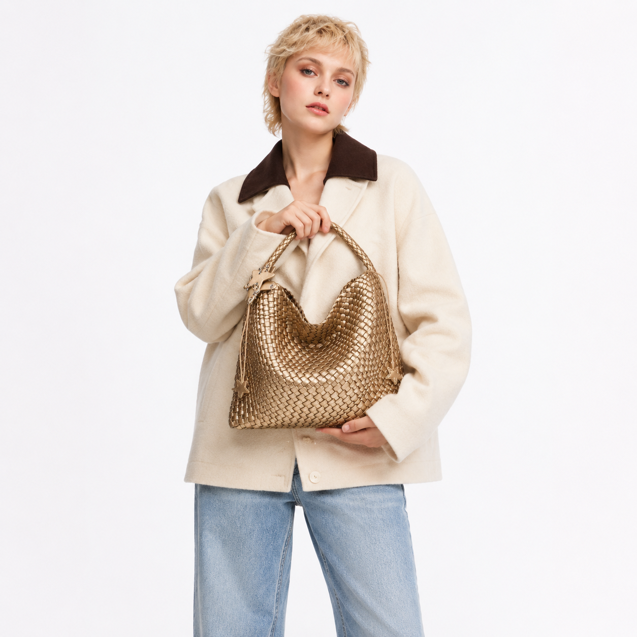 Metallic Woven Tote Bag Large Commuter Shoulder Purse