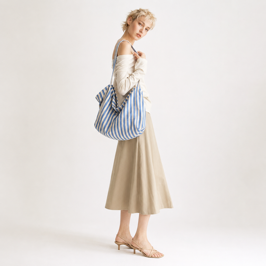 Large Canvas Striped Tote Bag Lightweight Travel Shopper