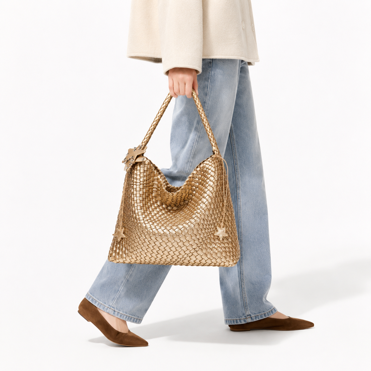 Metallic Woven Tote Bag Large Commuter Shoulder Purse