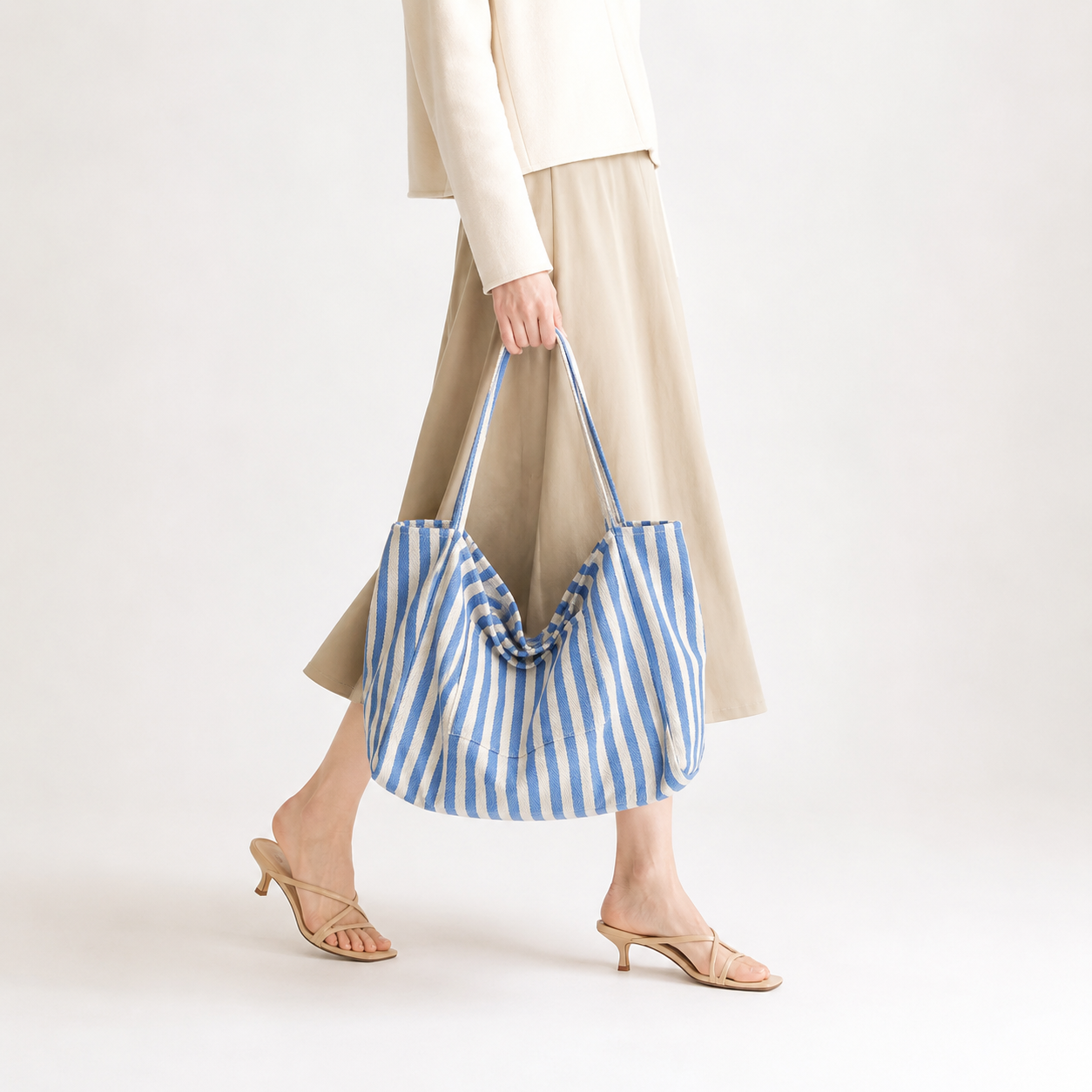 Large Canvas Striped Tote Bag Lightweight Travel Shopper