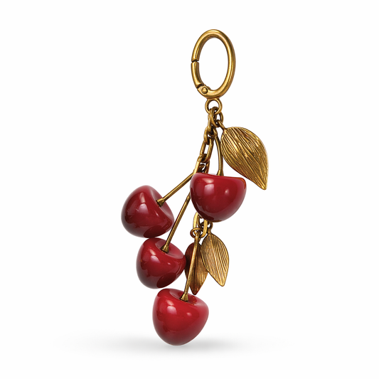 Retro Resin Cherry Bag Charm Vintage Metallic Leaf Keychain