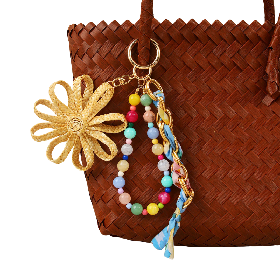 Handmade Raffia Flower Keychain Beaded Bag Charm Boho Accessory