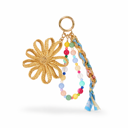 Handmade Raffia Flower Keychain Beaded Bag Charm Boho Accessory