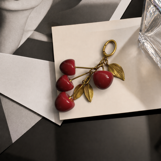 Retro Resin Cherry Bag Charm Vintage Metallic Leaf Keychain