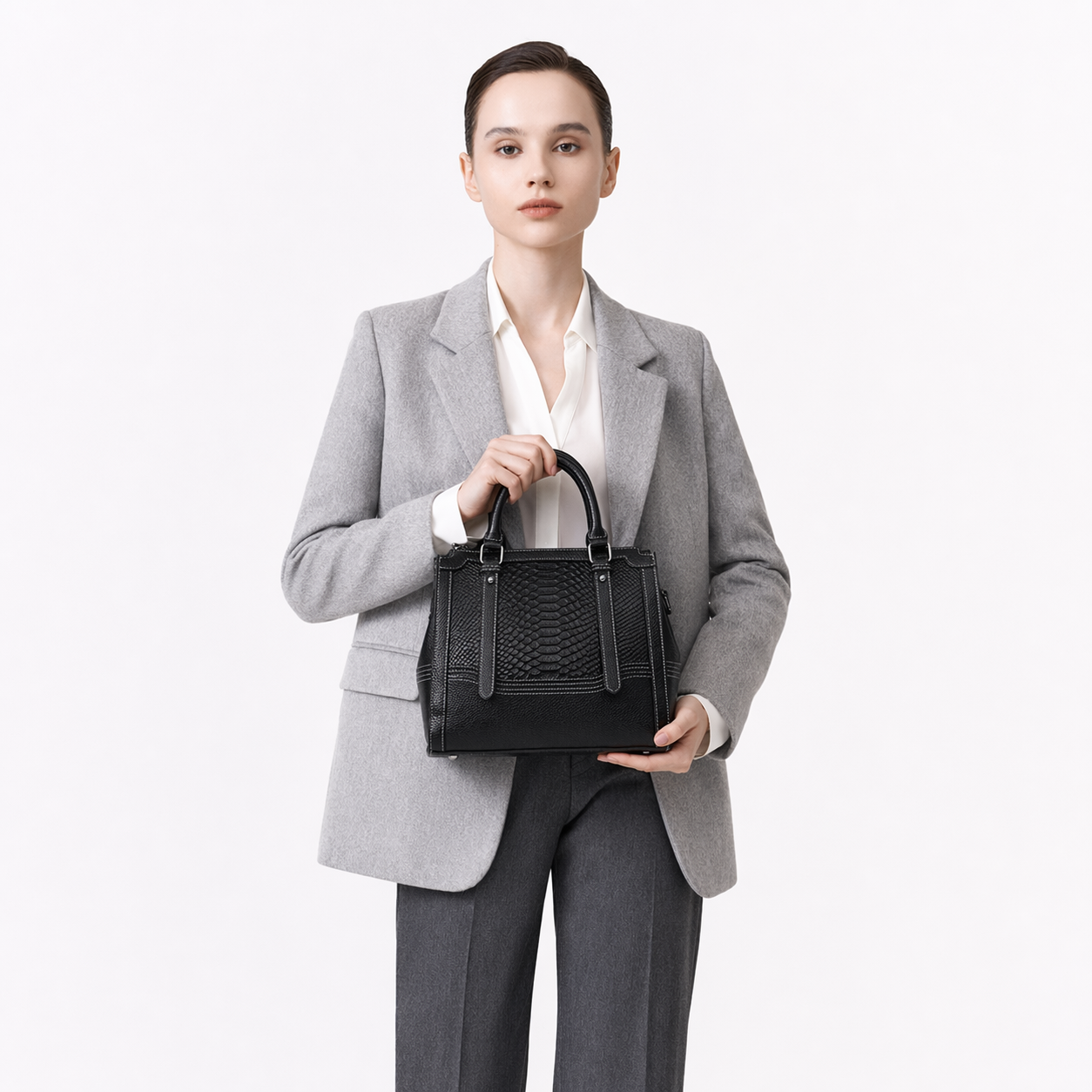 Genuine Leather Embossed Satchel Top-Handle Shoulder Tote Bag