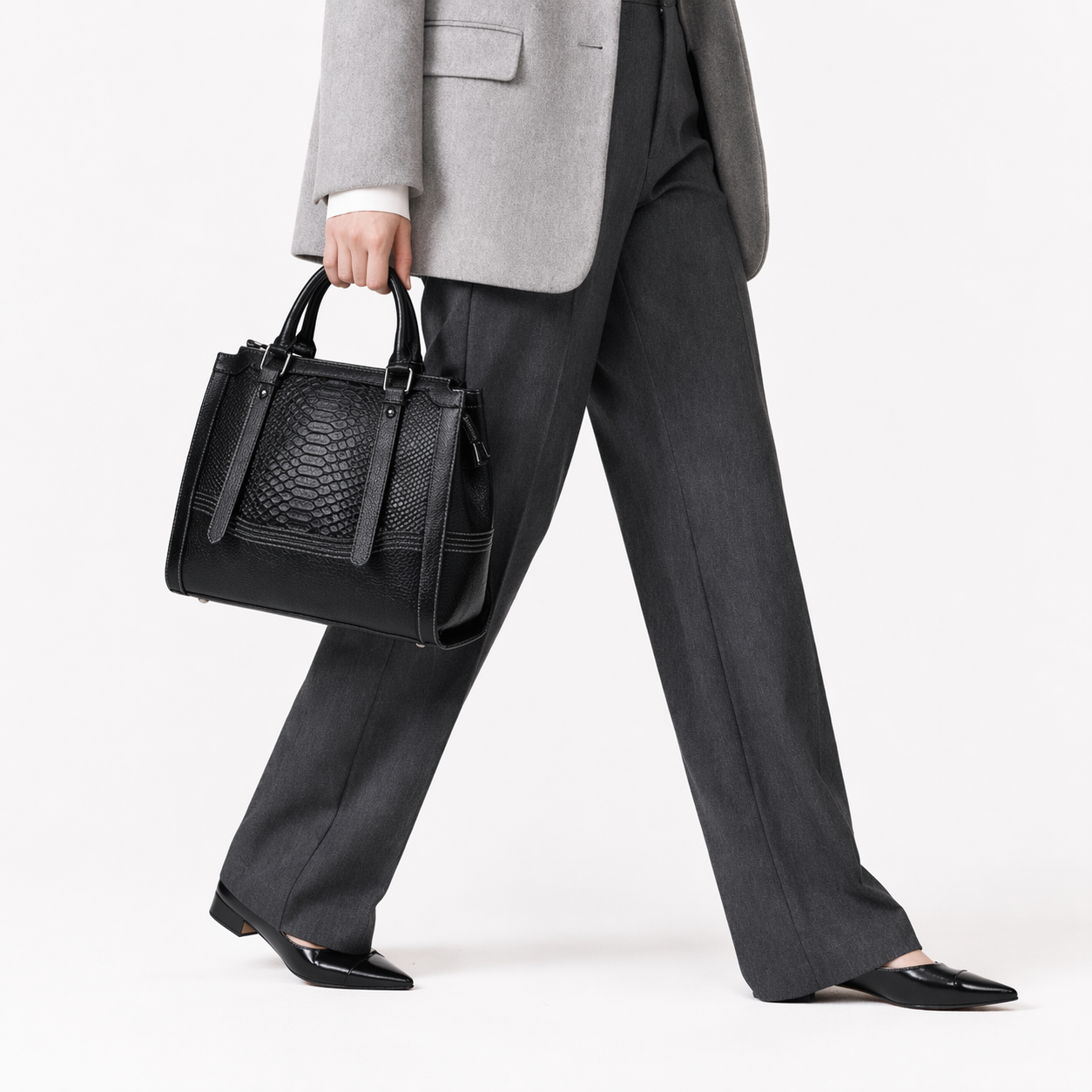 Genuine Leather Embossed Satchel Top-Handle Shoulder Tote Bag