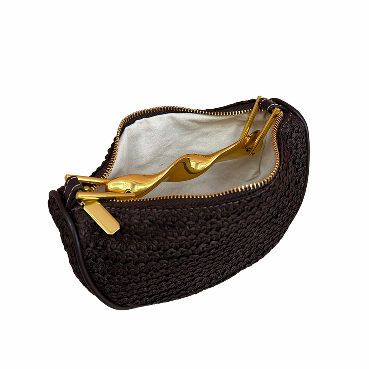 Woven Straw Shoulder Bag Metallic Handle Summer Beach Hobo Clutch