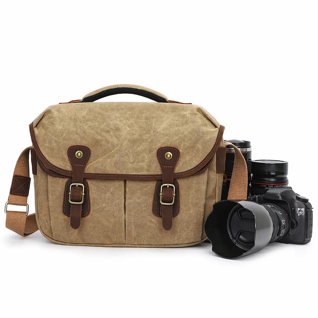 Waxed Canvas Camera Messenger Bag Leather Vintage DSLR Shoulder Case