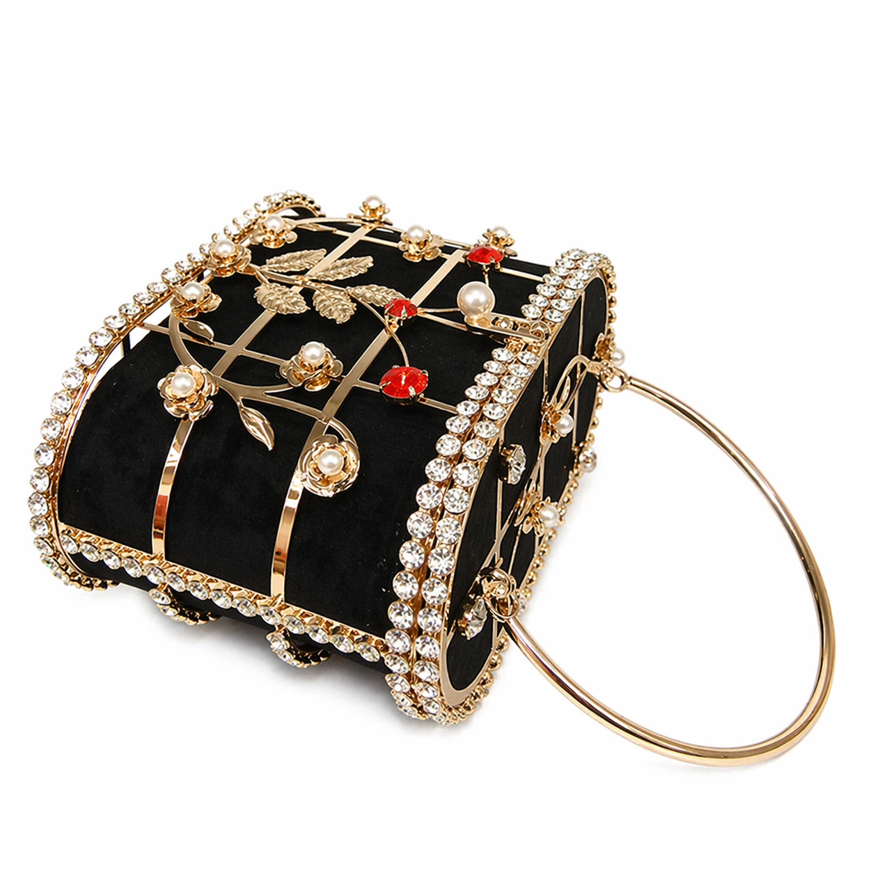 Metal Cage Bucket Bag Rhinestone Flower Evening Bridal Wedding Purse