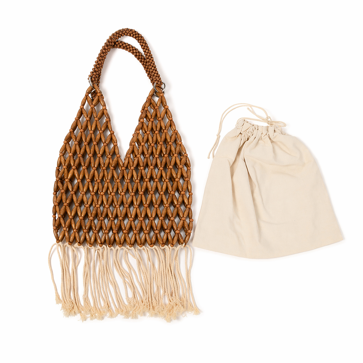 Handmade Wooden Bead Tassel Tote Fringe Beach Vacation Drawstring Bag