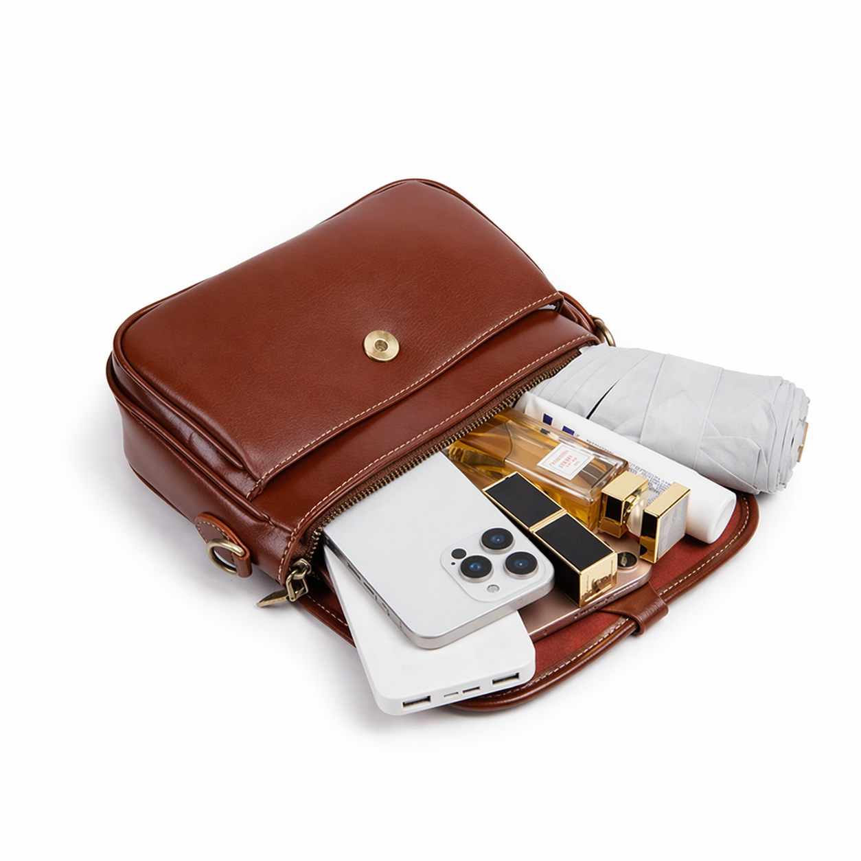 Top-Grain Leather Flap Structured Bag Minimalist Crossbody Satchel