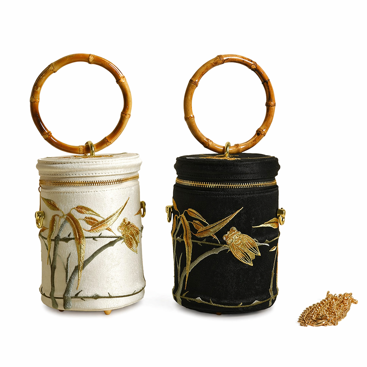 Vintage Bamboo Handle Embroidered Cylinder Bag Cheongsam Evening Purse