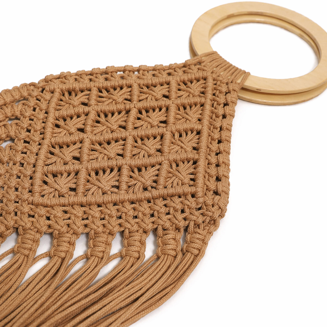 Fringe Straw Woven Bag Wood Handle Summer Beach Crochet Tassel Tote